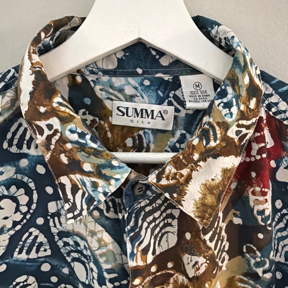 Summa Silk Mens Medium Abstract Shell Batik Print Short Sleeve Button Shirt Blue